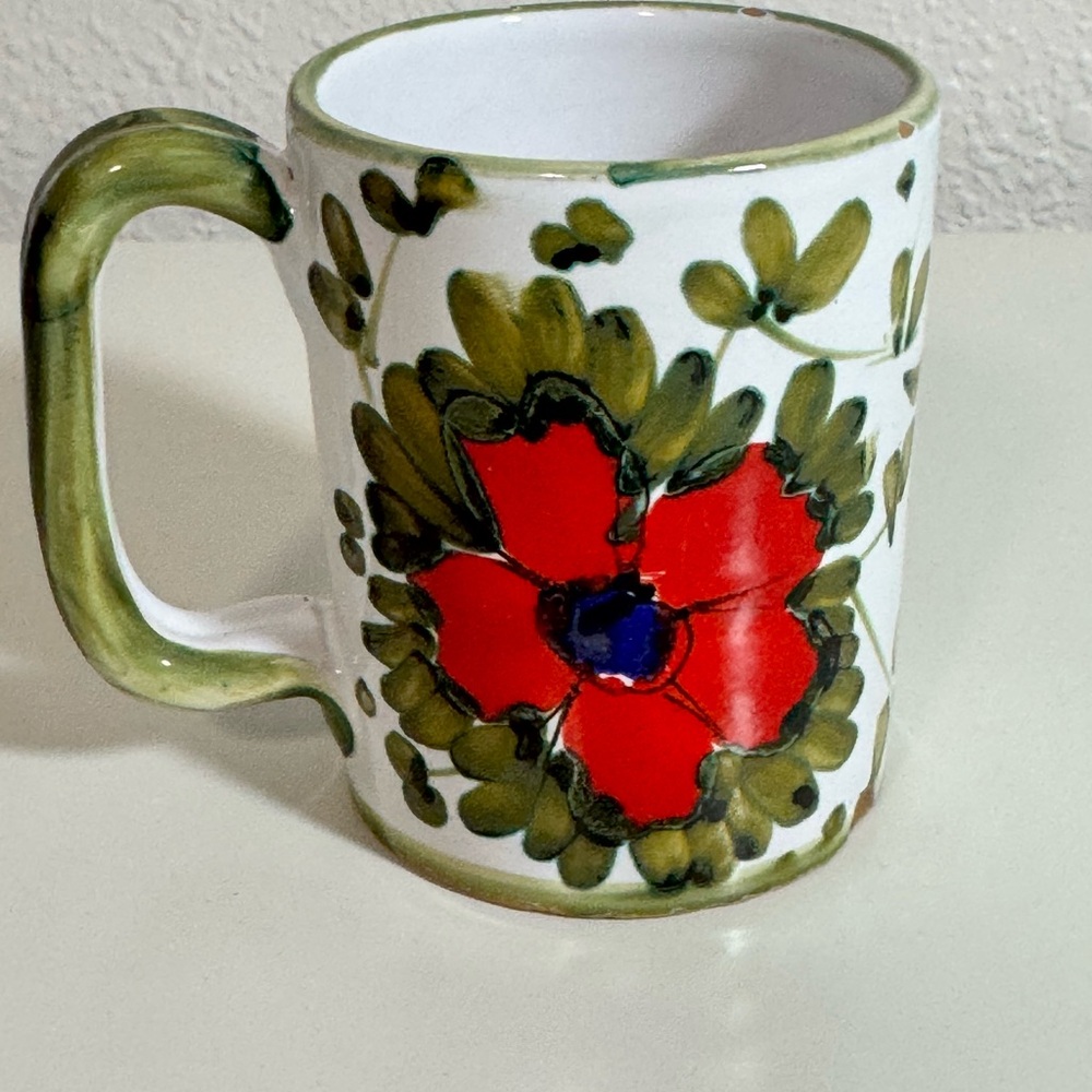 Vintage Italy Hand Painted Ceramic Coffee Mug Red Poppy Floral Pottery